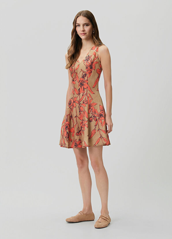 Beymen Club Camel Red Floral Mini Linen Dress - 2