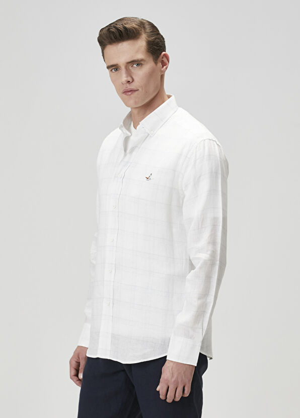 Beymen Club Comfort Fit Beyaz Ekose Desenli Keten Gömlek - 4