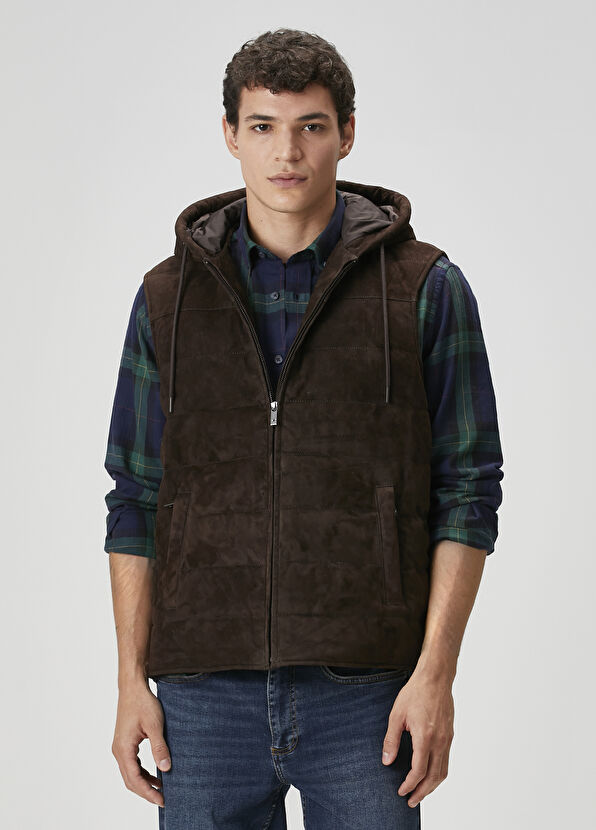 Beymen Club Dark Brown Hooded Suede Vest - 4