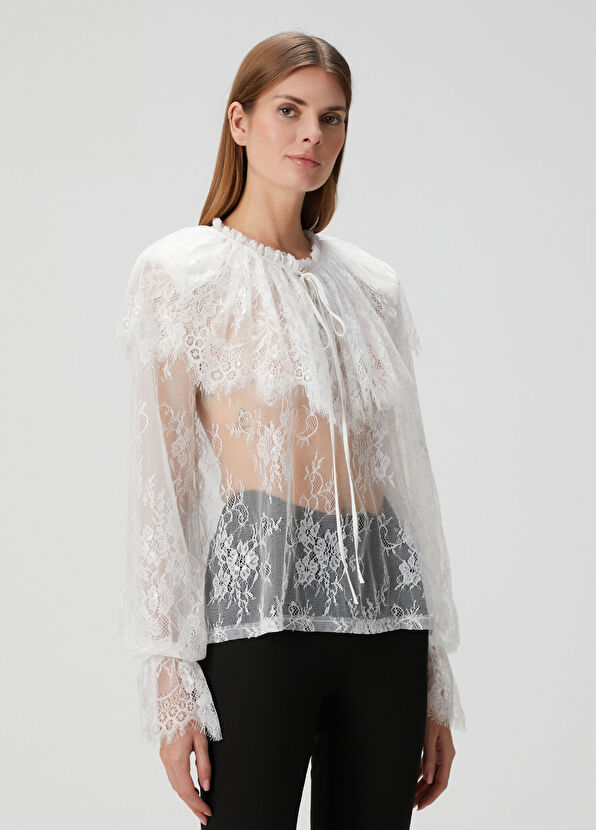 Melis Kaptanoglu White Lace Long Sleeve Women's Blouse - 2