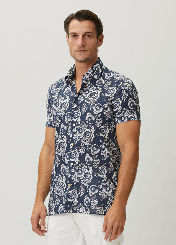 Kiton Mavi Çiçek Desenli Kısa Kollu Gömlek - 3