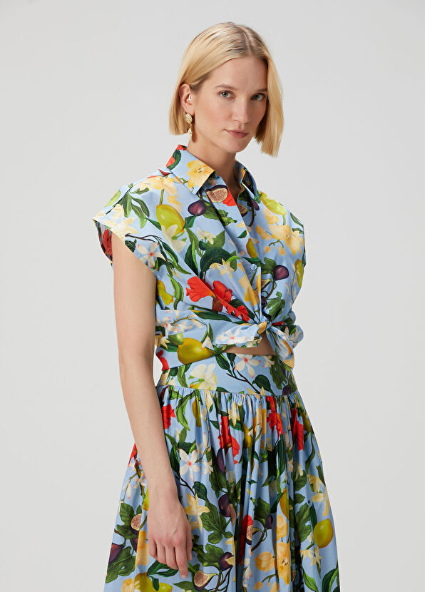 Beymen Collection Mavi Çiçekli Kısa Kol Poplin Gömlek - 4