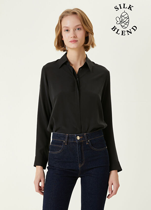 Siyah Kesik Yaka Klasik İpek Gömlek - Görsel 2