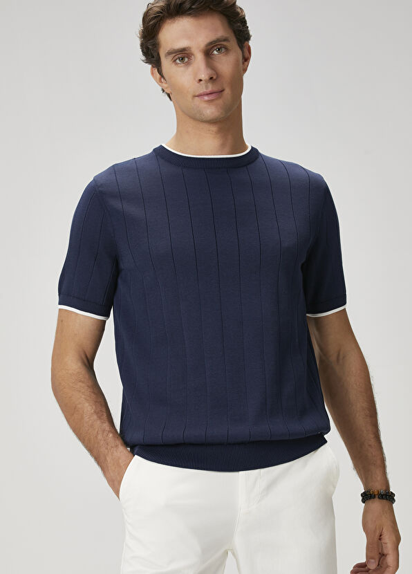 Beymen Club Lacivert Çizgi Dokulu Kısa Kollu Kazak - 1