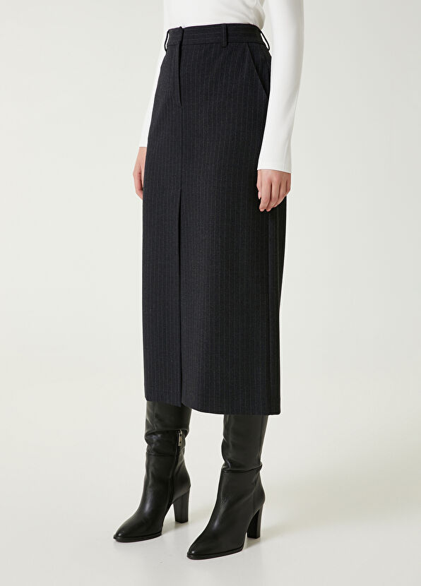 Beymen Club Antrasit Çizgili Midi Kalem Etek - 4