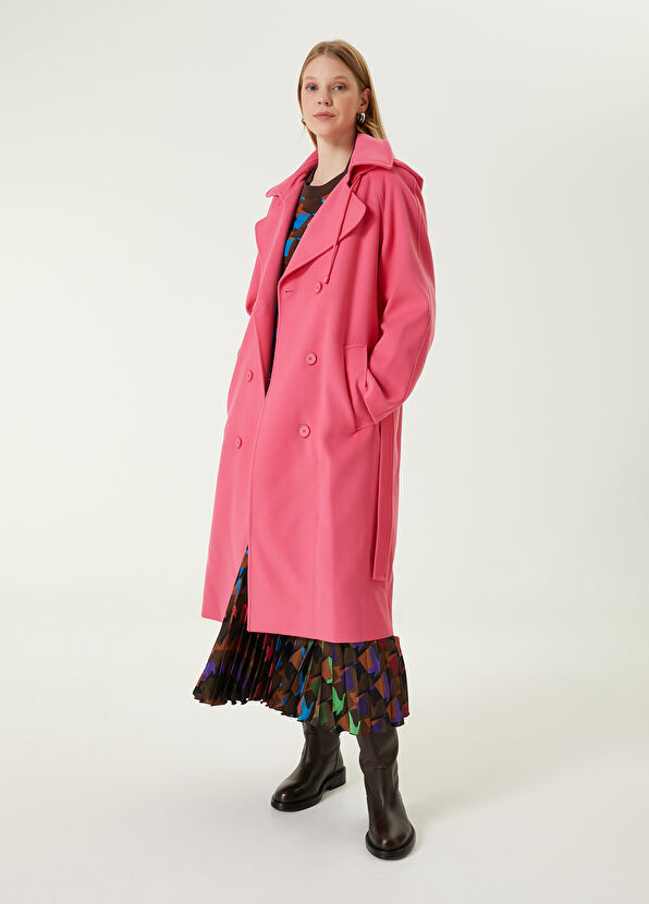 Beymen Club Fuşya Kapüşonlu Kruvaze Kaşe Pardösü - 3