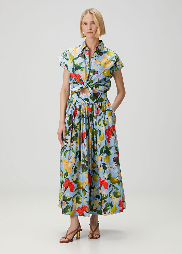 Beymen Collection Mavi Çiçekli Midi Poplin Etek - 1
