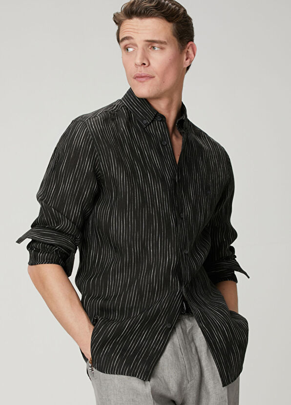 Beymen Club Comfort Fit Blue Dashed Striped Linen Shirt - 2