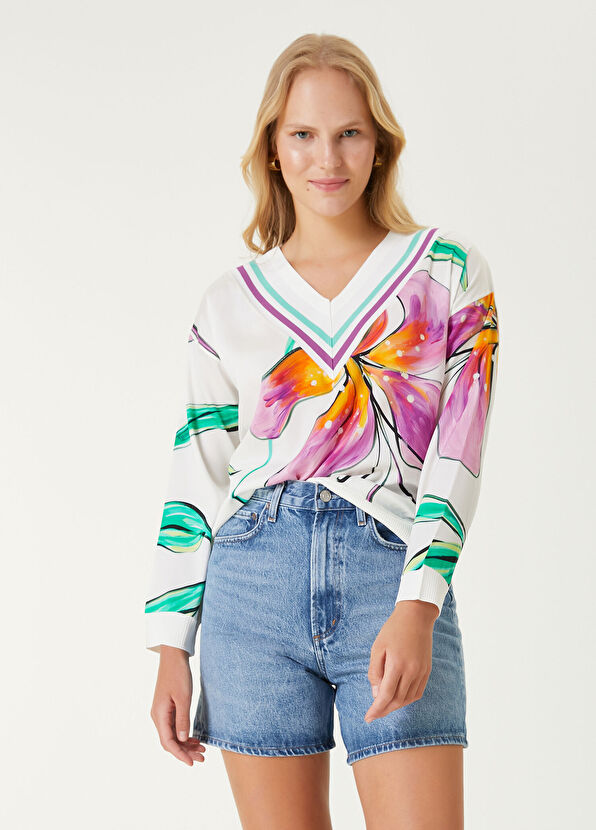 Beymen Club Kırık Beyaz Lilyum Desenli Kazak - 4