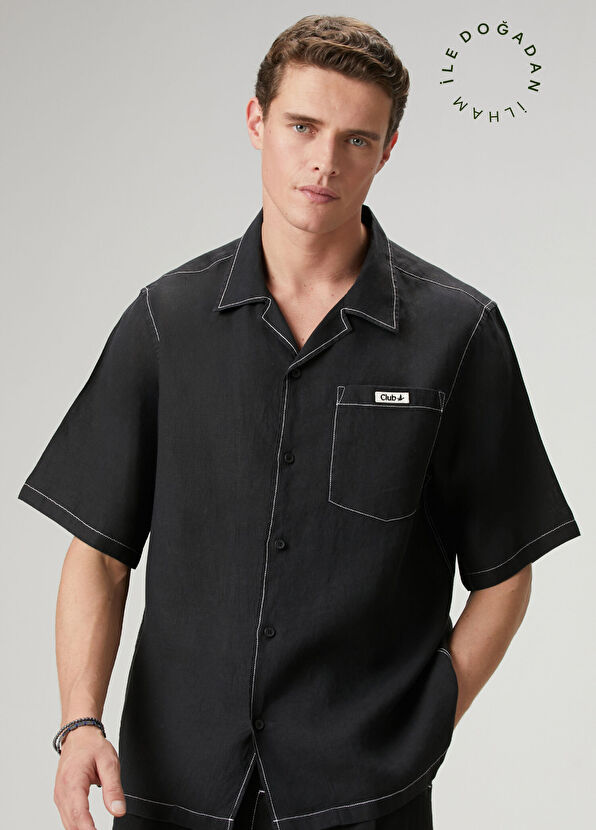 Beymen Club Siyah Oversize Fit Kısa Kollu Keten Gömlek - 1