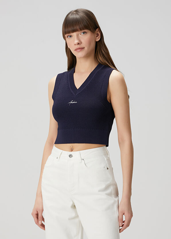 Academia Lacivert Logo Nakışlı Triko Süveter - 3