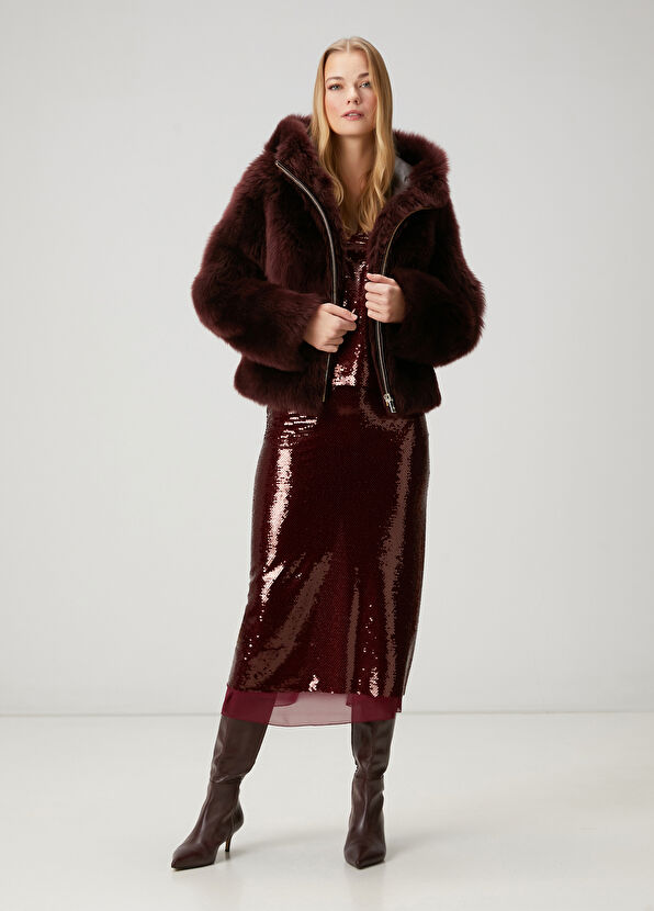 Beymen Club Bordo Payetli Midi Abiye Etek - 1