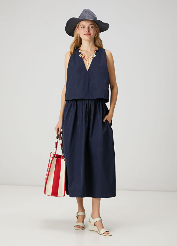 Beymen Club Navy Blue Two-Piece Midi Flared Taffeta Dress - 2