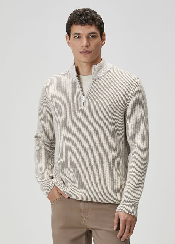 Beymen Club Bej Vizon Yakası Fermuarlı Kazak - 1