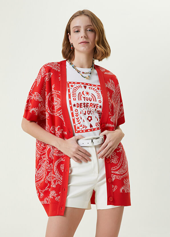 Beymen Club Mercan V Yaka Şal Desenli Kısa Kollu Triko Hırka - 1