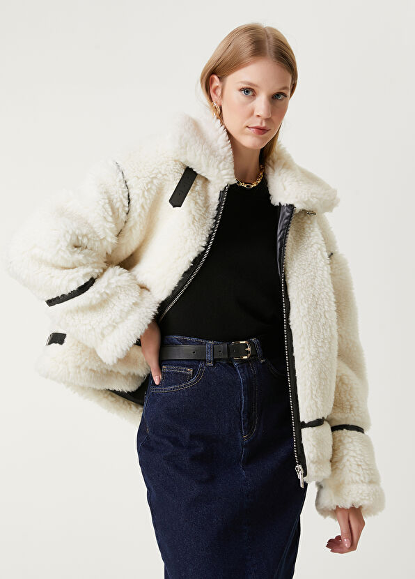 Beymen Club Kırık Beyaz Deri Şeritli Shearling Kaban - 1