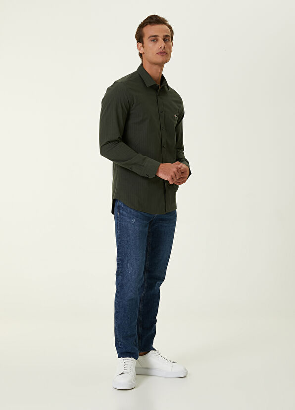 Beymen Club Slim Fit Haki İnce Çizgili Flanel Gömlek - 2