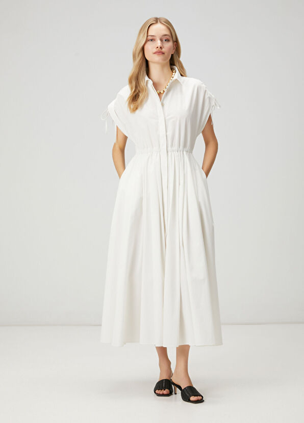 Beymen Club White Gathered Midi Taffeta Shirt Dress - 4