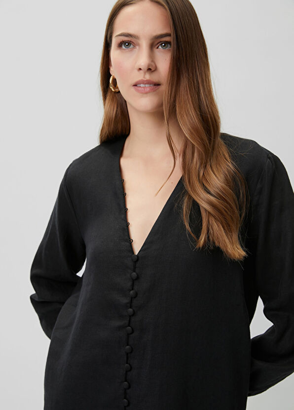Beymen Club Oversize Siyah Kısa Keten Elbise - 2