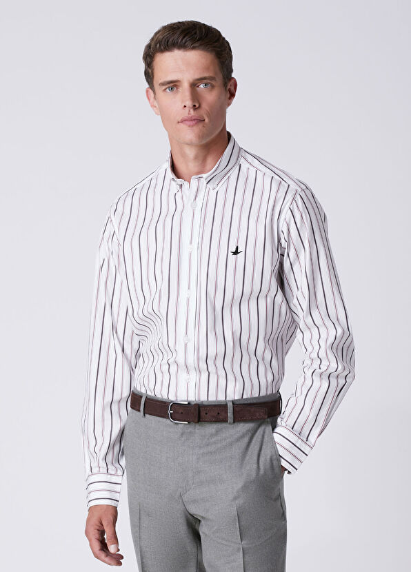 Beymen Club Slim Fit Brown White Stripe Patterned Shirt - 1