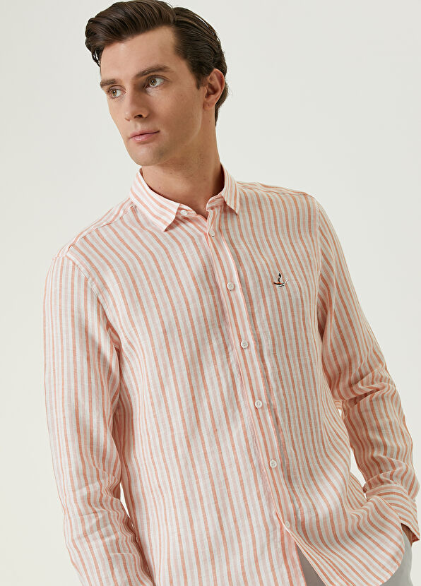 Beymen Club Comfort Fit Salmon Striped Linen Shirt - 2