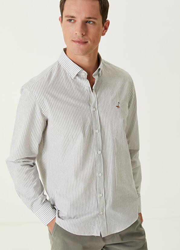 Beymen Club Comfort Fit Haki Çizgi Desenli Gofreli Gömlek - 2