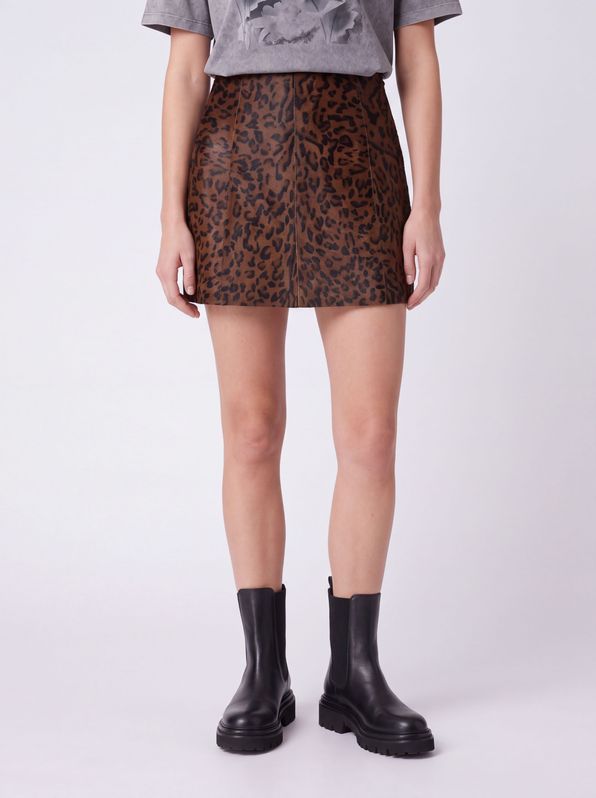Beymen Club Dark Brown Leopard Foal Feather Mini Leather Skirt - 2