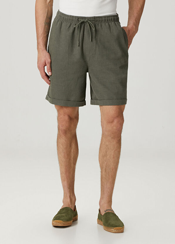 Peninsula Puglia Haki Beli Kordonlu Keten Bermuda - 2