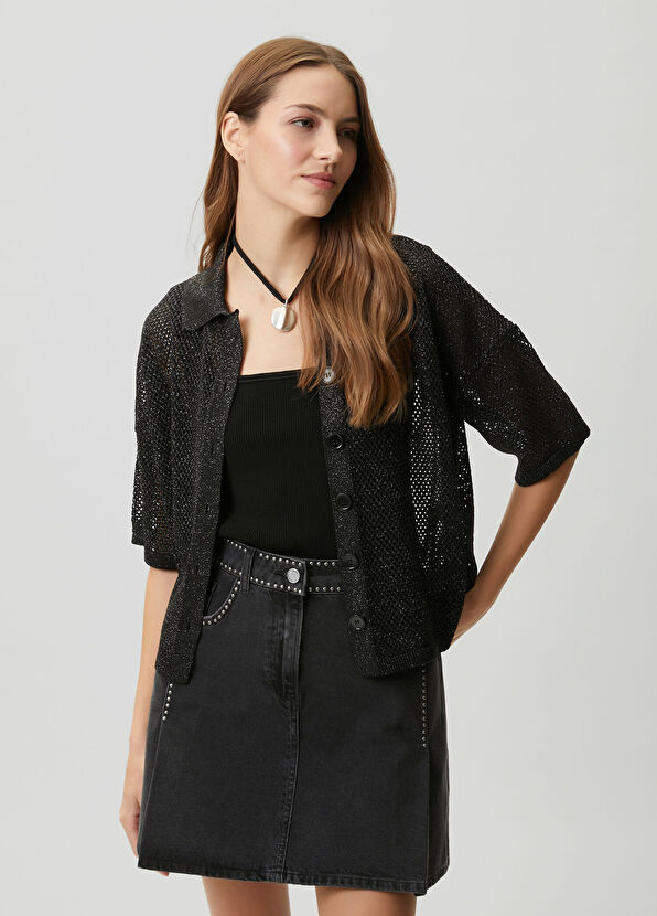 Beymen Club Anthracite Glitter Openwork Polo Sweater - 1