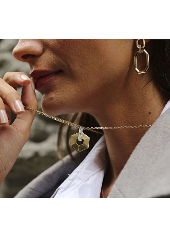 Reis Kuyumculuk Slope Büyük Boy Prılanta Taşlı 14 Ayar Pembe Altın Kadın Kolye - 2