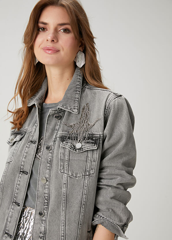 Beymen Club Grey Embroidered Logo Denim Jacket - 2