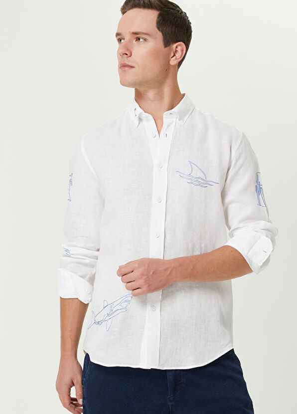 Beymen Club Comfort Fit Fish Sail Embroidered Linen Shirt - 3
