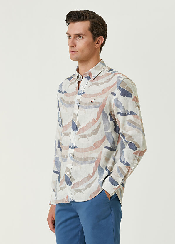 Beymen Club Comfort Fit Ecru Leaf Patterned Linen Shirt - 4
