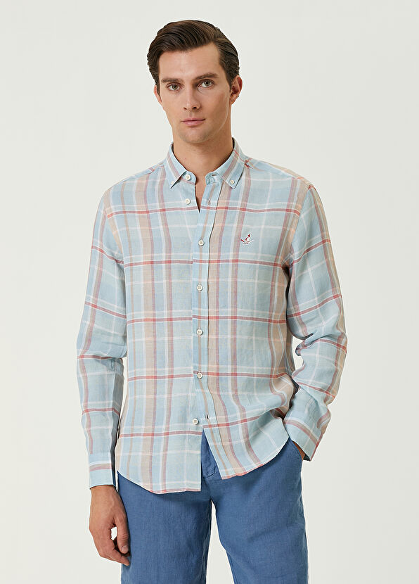 Beymen Club Comfort Fit Mavi Turuncu Ekoseli Keten Gömlek - 1