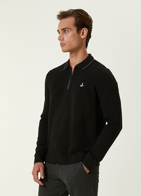 Beymen Club Slim Fit Siyah Polo Yaka Ottoman Dokulu Sweatshirt - 3