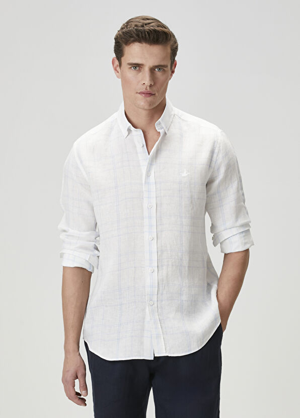 Beymen Club Comfort Fit Blue White Plaid Patterned Linen Shirt - 1