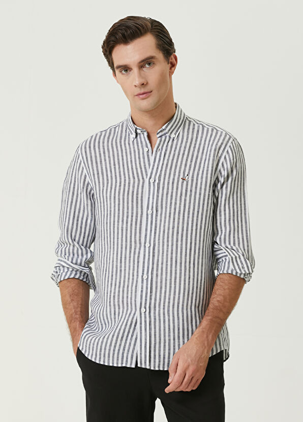 Beymen Club Comfort Fit Lacivert Sarı Çizgili Keten Gömlek - 1