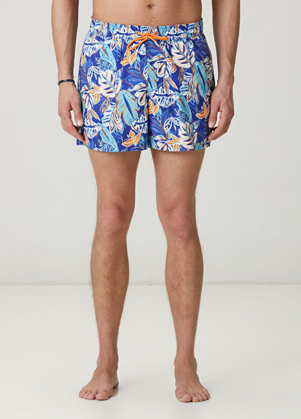 Beymen Club Blue Orange Flower Leaf Print Short Swimsuit - 2