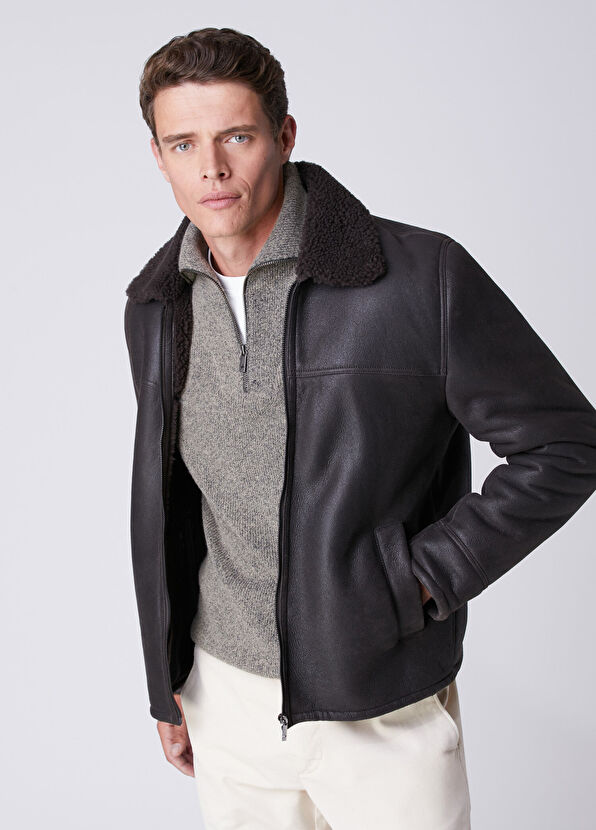 Beymen Club Koyu Kahverengi Shearling Yaka Deri Mont - 2