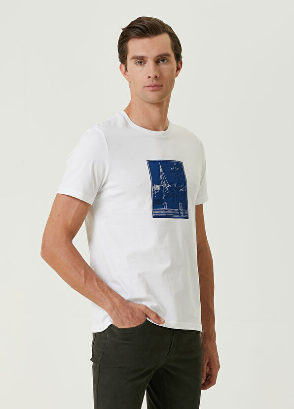 Beymen Club Beyaz Manzara Baskılı Nakışlı T-shirt - 4