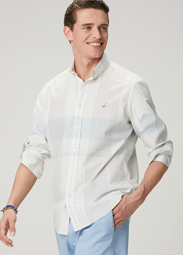 Beymen Club White Blue Patterned Regular Fit Cotton Shirt - 2