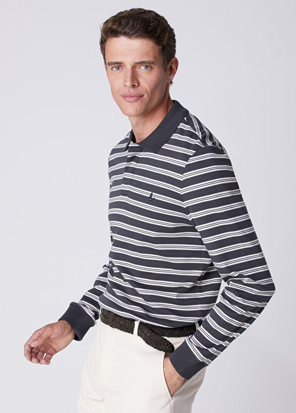 Beymen Club Comfort Fit Antrasit Polo Yaka Çizgili Sweatshirt - 2