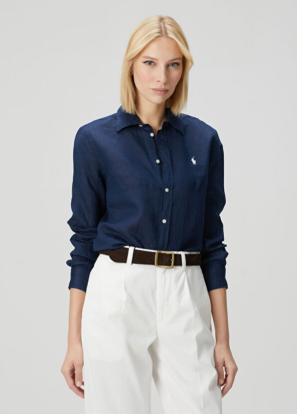 Mavi Logo Nakışlı Keten Gömlek - Görsel 2