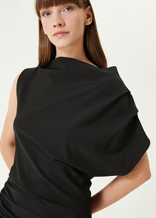 Academia Siyah Asimetrik Midi Elbise - 2