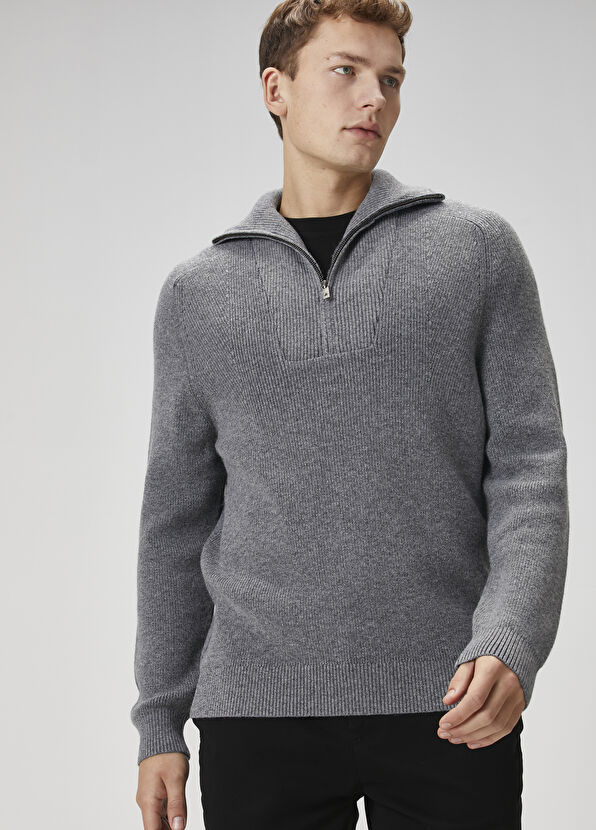 Beymen Club Grey Melange Collar Zippered Wool Sweater - 2