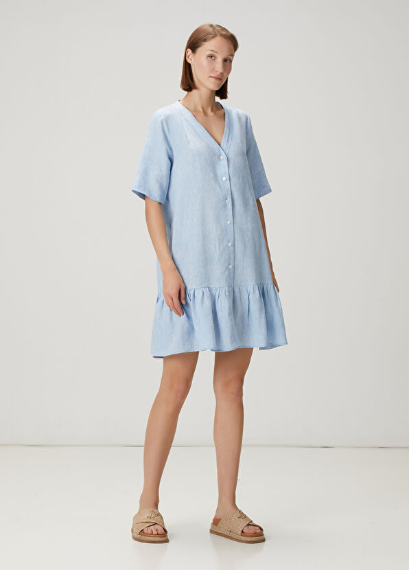 Beymen Club Mavi Mini Keten Gömlek Elbise - 2