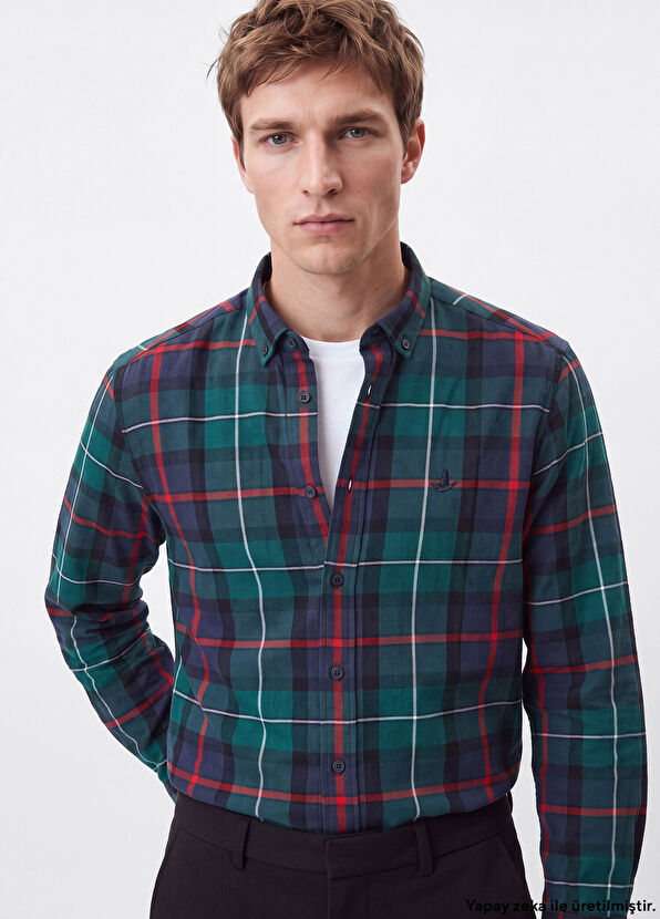 Beymen Club Comfort Fit Navy Blue Green Plaid Print Shirt - 3
