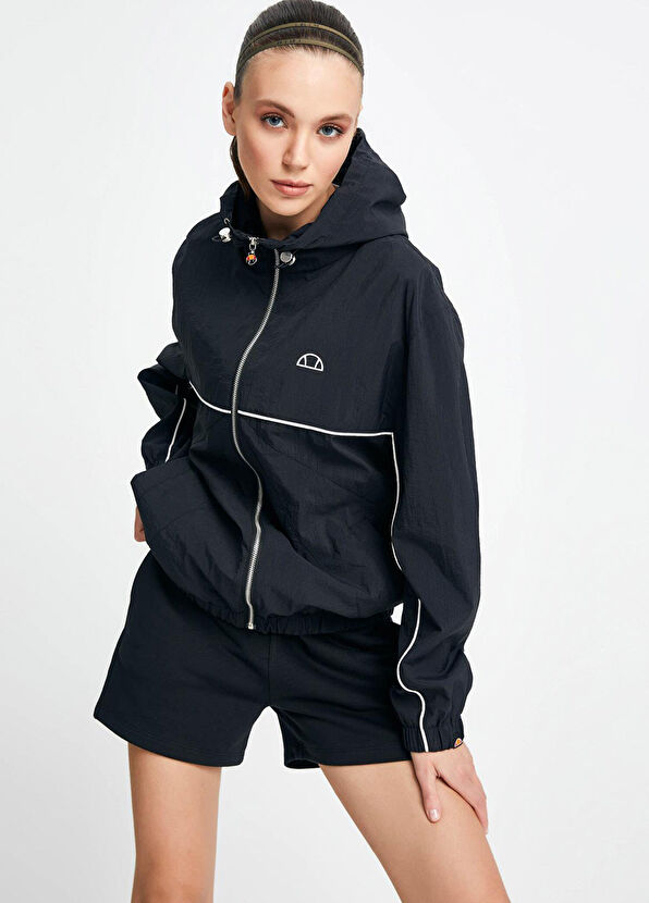 Siyah Kapüşonlu Fermuarlı Kadın Spor Yağmurluk - Görsel 5