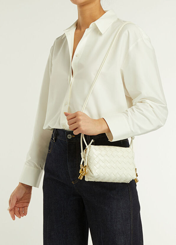 Ekru Örgü Dokulu Kadın Deri Çanta - Görsel 3
