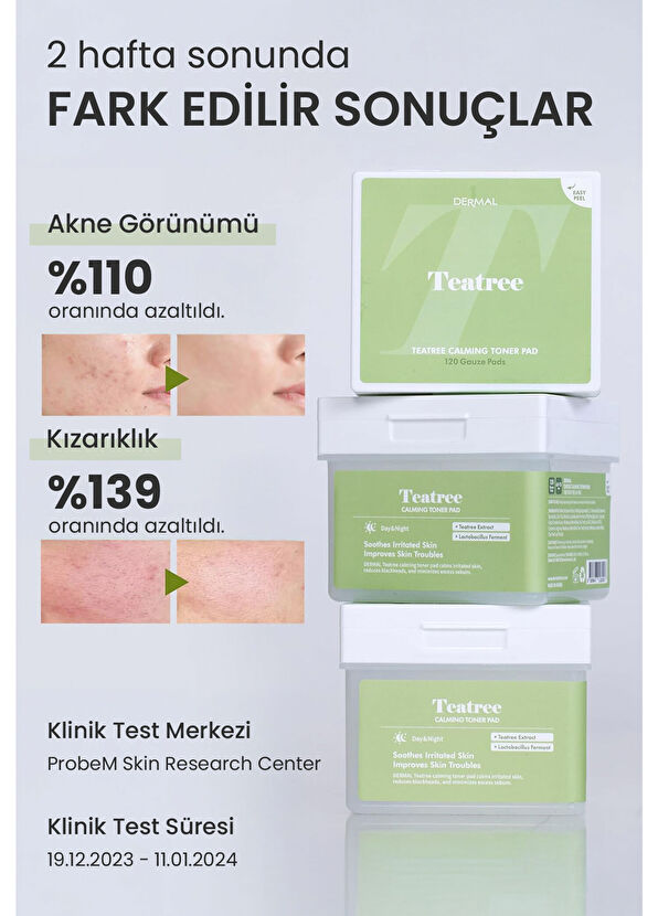 Dermal Teatree Calming Toner Pad 120’li Çay Ağacı Özlü Gözenek Sıkılaştırıcı ve Yatıştırıcı Tonik Ped 200 ml - 3